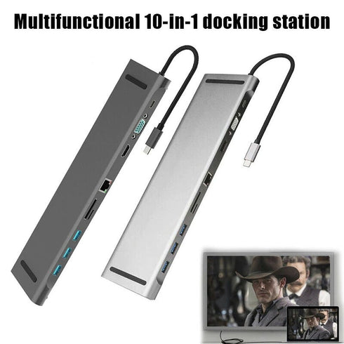 Type-C Hub 10 in 1 Type C to HDMI VGA 3*USB-3.0 /RJ45 Gigabit Ethernet PD SD/TF Hub